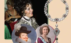 Elizabeth Taylor y la Reina Sofía lucen joyas, incluyendo la perla peregrina, junto a un retrato de Felipe IV.