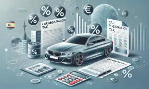 Coche gris, calculadora, documentos de "impuesto matriculacion coche" y gráficos financieros.