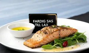 En perfekt tillagad laxfilé serveras med en skål med gyllene sås till lax, gröna blad och en rödbär.