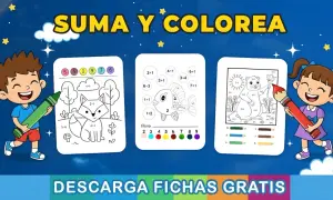 Niños felices con crayones, listos para descargar sumas para imprimir y colorear divertidos animales.