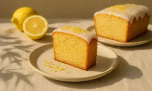 Ein Stück veganer Zitronenkuchen mit Zuckerguss und Zitronenschale, daneben ganze und halbe Zitronen.