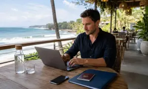 Mężczyzna pracuje na laptopie z widokiem na ocean. Obok paszport, telefon i butelka wody. Marzenie o pracy zdalnej na Bali, wiza w zasięgu ręki.