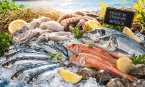 Pesce bianco quali sono: orate, triglie, sardine, calamari e polpi freschi su ghiaccio, con limone e prezzemolo.