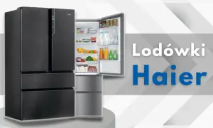 Czarna lodówka Haier z otwartymi drzwiczkami i widocznymi produktami spożywczymi.