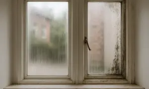 Zaparowane okno ościeżnicowe z widocznym grzybem na jednej szybie. Za oknem zarys domu i drzew.