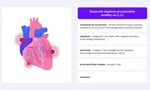 Grafika przedstawia serce i opis klasyfikacji migotania przedsionków, uwzględniając objawy.
