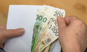 Dłonie wyciągają z koperty polskie banknoty. To może być pomoc finansowa, emerytura po mężu, czy oszczędności.