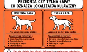 Pies kuleje, ale biega, gdy ma problem z przednią łapą (unosi głowę) lub tylną (opada biodro).