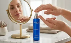 Manos aplicando sérum equilibrante, ideal para tu rutina de piel mixta. Reflejo de rostro en espejo.