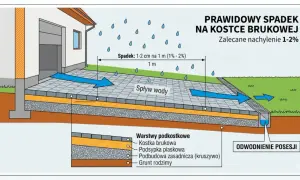 Prawidłowy spadek na kostce brukowej zapewnia odpływ wody. Zalecane nachylenie 1-2 cm na 1 metr.