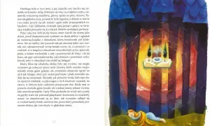 Sen o dzikich łabędziach w lesie. Eliza śpi pod drzewem, a nad nią magiczna księga z fontanną.