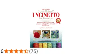 Copertina libro "Uncinetto per Principianti" con filati colorati, uncinetti e progetti di lavori all'uncinetto.