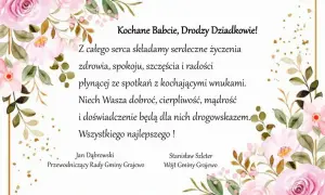 Piękne życzenia dla babci i dziadków, otoczone różowymi kwiatami. Niech dobroć i mądrość Wasza będzie drogowskazem dla wnuków.
