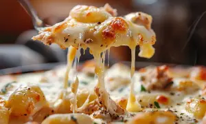 En gaffel lyfter en bit krämig gnocchi alla romana, täckt av smält ost som drar långa trådar.