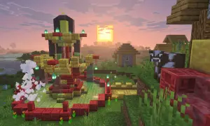 Wioska w Minecraft z nową aktualizacją. W centrum budowla z czerwonych i złotych bloków, obok krowa i domki.