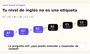 Escalera de niveles de inglés: A1 (base), A2 (frases), B1 (independencia), B2 (fluidez), C1 (precisión) y C2 (dominio).