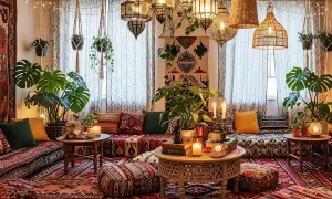 Przytulny salon w stylu etno, pełen roślin, dywanów i orientalnych lamp.