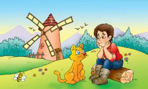 Un niño con botas y un gato naranja conversan cerca de un molino. Una abeja revolotea.
