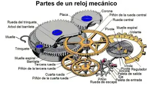 Detalle del mecanismo reloj con engranajes, muelles y pivotes.
