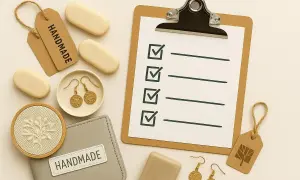 Checkliste für selbstgemachtes verkaufen ohne gewerbe: Seife, Ohrringe, Stickerei und "Handmade"-Etiketten.