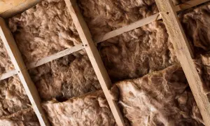 Drewniana konstrukcja poddasza z luźną, brązową wełną mineralną. Wygląda na to, że mokra wełna na poddaszu wymaga pilnej interwencji.