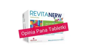 Opakowanie suplementu diety Revitanerw Junior z napisem "Opinia Pana Tabletki". Zawiera olej rybi i witaminy.
