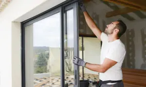 Un hombre con guantes ajusta un marco de ventana corredera. El proceso de como poner una ventana es detallado.