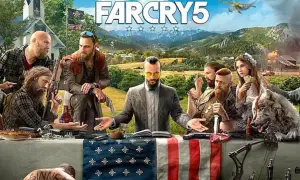 Rodzina Seedów przy stole, z bronią i wilkiem. Sprawdź far cry 5 wymagania, by zagrać w tę grę.