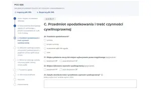 Formularz PCC-3(6) - C. Przedmiot opodatkowania i treść czynności cywilnoprawnej. Wybór typu czynności: umowa, zmiana umowy, orzeczenie sądu lub ugoda, inne.