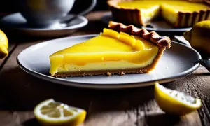Une part de tarte au citron onctueuse, avec une garniture brillante et une croûte dorée, accompagnée de citrons frais et d'une tasse de café.