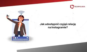 Ilustracja pokazuje, jak udostępnić czyjąś relację na Instagramie. Kobieta robi selfie w ramce przypominającej okno aplikacji.