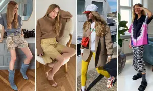 Kobiety prezentują skandynawski styl ubioru: od luźnych szortów i botków, przez beżowy golf i skórzane szorty, po sportowy zestaw z marynarką i kolorową koszulę w panterkę.