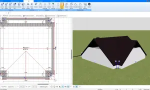 Grundriss und 3D-Ansicht eines Hauses mit Satteldach. Die Traufseite des Hauses ist im 3D-Modell sichtbar.