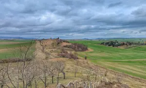 Blick ins Bodetal: Wanderweg führt durch hügelige Landschaft mit grünen Feldern und kahlen Bäumen unter dramatischem Himmel.