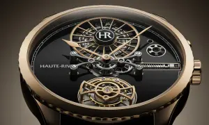 Reloj Haute-Rive con intrincado mecanismo visible y indicador de reserva de marcha.