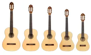 Różnice między gitarą klasyczną a akustyczną: pięć gitar o różnej wielkości, od największej do najmniejszej.