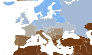 Mapa Europy i Bliskiego Wschodu pokazująca rozkład koloru oczu. Brązowy kolor dominuje na południu i wschodzie, wskazując, że tam najwięcej ludzi ma brązowe oczy.