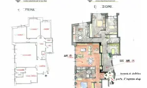 Pianta "prima" e "dopo" di frazionamento appartamento in condominio. La prima mostra un'unica unità, la seconda due appartamenti distinti.