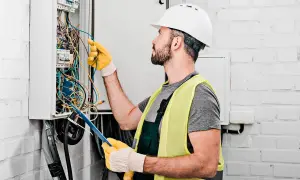 Elektryk w kasku i kamizelce odblaskowej pracuje przy skrzynce z przewodami. Sprawdź nasze usługi elektryczne cennik.