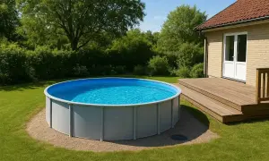 En härlig sommardag med en ovan markpool som inbjuder till bad. En altan leder smidigt upp till huset. Perfekt för att bygga in pool ovan mark.
