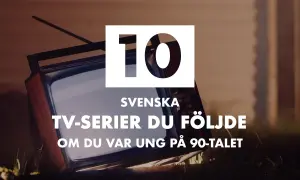 En gammal TV med texten "10 svenska tv-serier du följde om du var ung på 90-talet". Nostalgi för svenska tv-serier 90-talet.