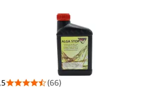 Svart flaska med röd kork, märkt "ALGA STOP". Behandlar diesel mot alger och jäsning, skyddar tankar och motorer.