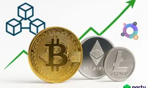 Monety Bitcoin, Ethereum i Litecoin na tle rosnącego wykresu i symboli blockchain.