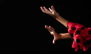 Manos expresivas de una bailaora de flamenco español, con un vestido rojo de lunares negros.