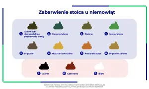 Wykres pokazuje różne kolory stolca niemowląt, w tym prawidłową kupkę niemowlaka karmionego sztucznie – brązową.