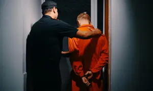 Un détenu en orange, menotté, est conduit par un gardien. La scène évoque une **garde à vue 48h**.