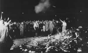 Nocne palenie książek przez zwolenników idei "czystej rasy aryjskiej".