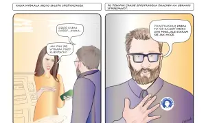 Kobieta w sklepie spożywczym z oburzeniem zwraca się do sprzedawcy, który ma na ubraniu znaczek "Mam zespół Tourette'a".