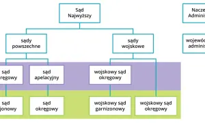 Schemat przedstawia strukturę sądów w Polsce, w tym sądy okręgowe jako drugą instancję dla sądów rejonowych.