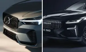 En Volvo och en rysk bil, Volga C50, visas sida vid sida.